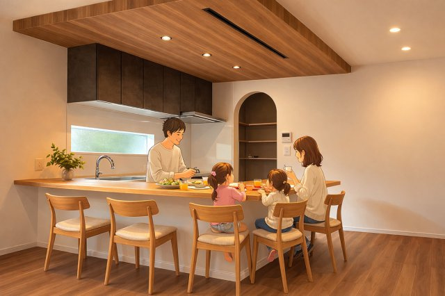 南東角地×自由設計の家×子育てしやすい環境の完成予想図|【施工例　造作ダイニングテーブル】