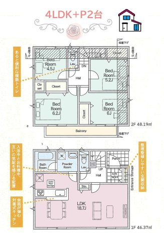 【間取り】 | ２階に洋室が４部屋ございますので一人一部屋も叶いますよ♪♪　
学区：寺尾小学校まで徒歩7分とお子様の通学にも安心◎