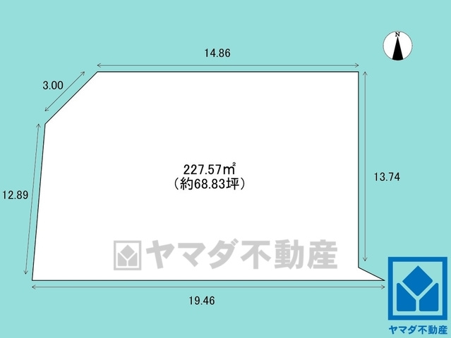 西宮市甲風園3丁目の土地図|土地面積227.57平米（約68.83坪）。敷地の一部に地役権が設定されています。詳細は弊社スタッフまでお気軽にお問い合わせください。