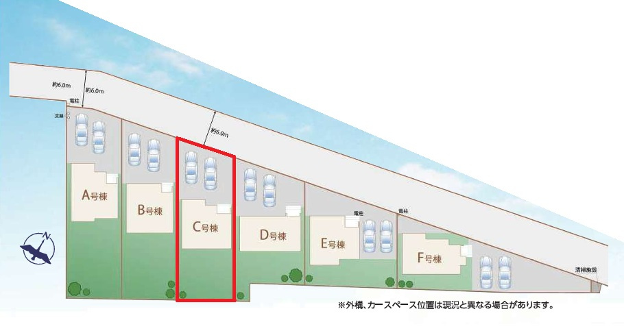 ハートフルタウン 　ひたちなか市足崎1474番　Cの区画図|並列駐車可能です。内覧、他の物件と合わせての現地ご案内も可能です！HPから、またお電話でも、お気軽にお問い合わせください。