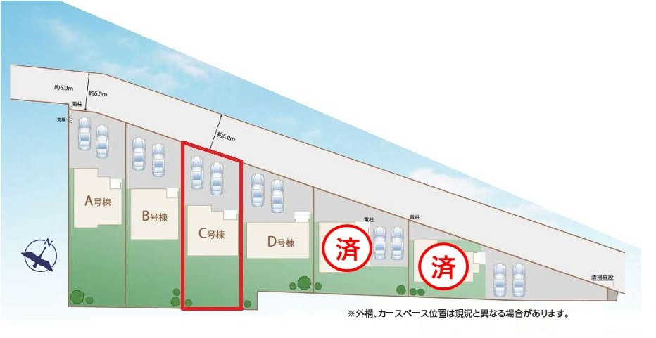 ハートフルタウン 　ひたちなか市足崎1474番　Cの区画図|並列駐車可能です。内覧、他の物件と合わせての現地ご案内も可能です！HPから、またお電話でも、お気軽にお問い合わせください。