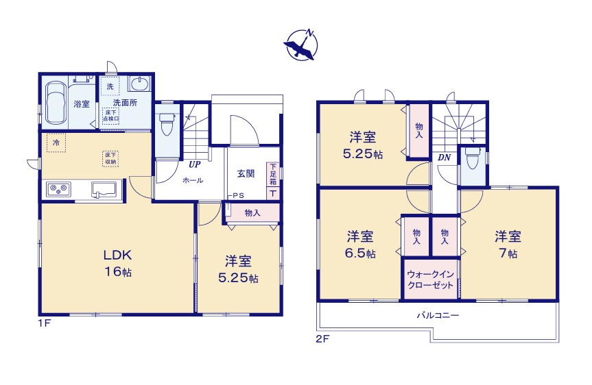 ハートフルタウン 　ひたちなか市足崎1474番　Cの間取り|　
☆水廻りコンパクトで家事動線ラクラク♪各部屋を最大限に広く使って頂けるよう、全居室に大容量の収納付き。自由な使い方ができるWICも配備♪全室二面採光で明るく通風も良好です！