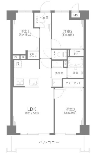 クラーク春日部壱番館の間取り|南西向き、陽当り良好な3LDKプラン。約12.5帖のLDKを中心に、全居室に収納を備えた機能的な配置が魅力です。対面キッチンや独立性の高い洋室が、家族の多様なライフスタイルに応えます。