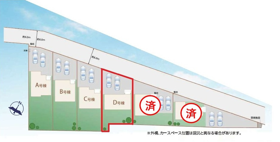 ハートフルタウン 　ひたちなか市足崎1474番　Dの区画図|並列駐車可能です。内覧、他の物件と合わせての現地ご案内も可能です！HPから、またお電話でも、お気軽にお問い合わせください。