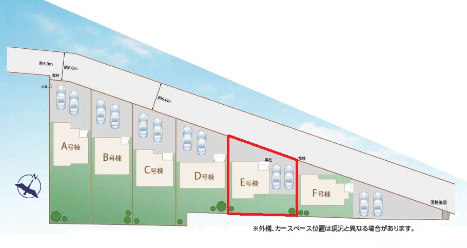 ハートフルタウン 　ひたちなか市足崎1474番　Eの区画図|並列駐車可能です。内覧、他の物件と合わせての現地ご案内も可能です！HPから、またお電話でも、お気軽にお問い合わせください。