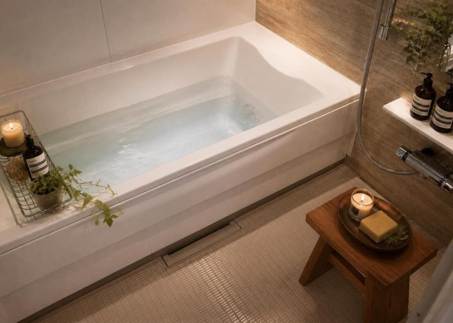 【浴室】 | 1坪以上の広さを誇る浴室には追い焚き機能や浴室乾燥機、窓が備わっています。一日の疲れをゆったり癒せるゆとりの空間で、雨の日の洗濯物を乾燥させる際にも非常に重宝する利便性の高さが魅力です。