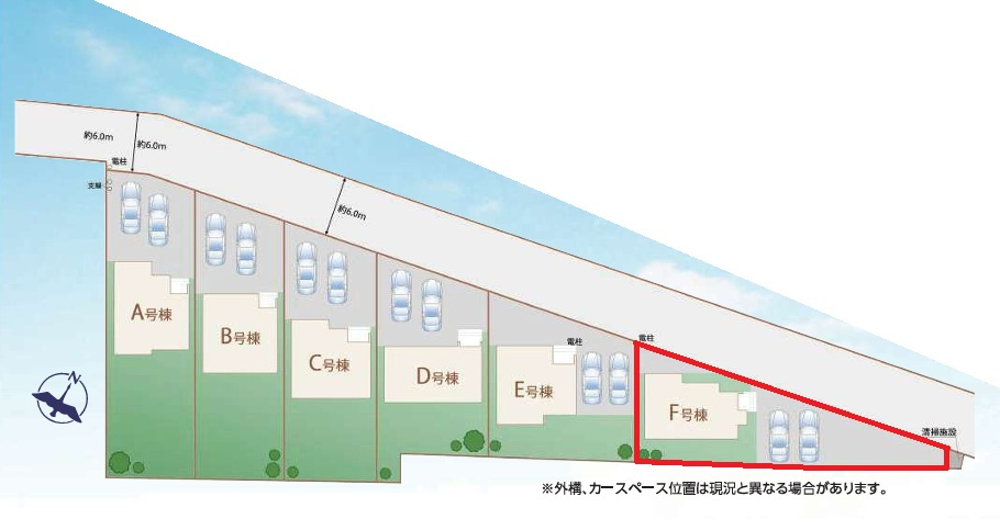 ハートフルタウン 　ひたちなか市足崎1474番　Fの区画図|並列駐車可能です。内覧、他の物件と合わせての現地ご案内も可能です！HPから、またお電話でも、お気軽にお問い合わせください。