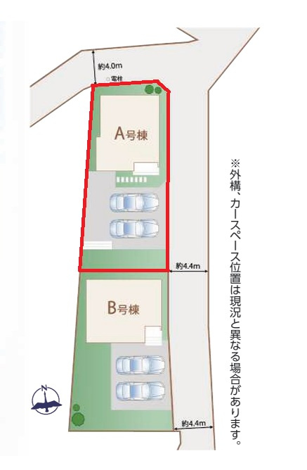 ハートフルタウン 　日立市東大沼町3期　Aの区画図|並列駐車可能です。同メーカー完成物件の内覧も、他の物件と合わせての現地ご案内も可能です！HPから、またお電話でも、お気軽にお問い合わせください。