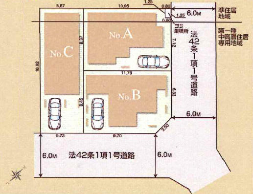 練馬区豊玉南2丁目　低炭素デザイン住宅　角地含む全3棟の区画図