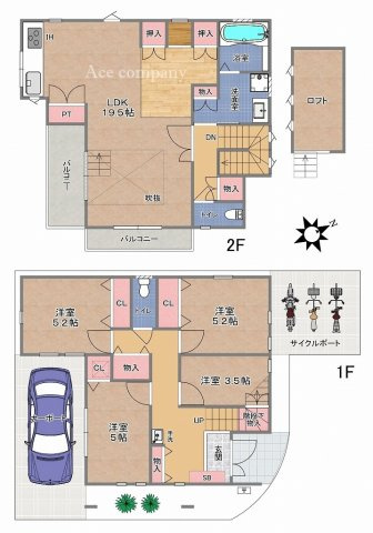 【間取り】 | 東大阪市出雲井本町 | カーポート＋サイクルポート付き☆全洋室4LDK♪2階リビング♪LDK広々約19.5帖！オープンロフト付き☆室内リフォーム済み☆IHコンロ・食洗機・浴室乾燥機完備です☆