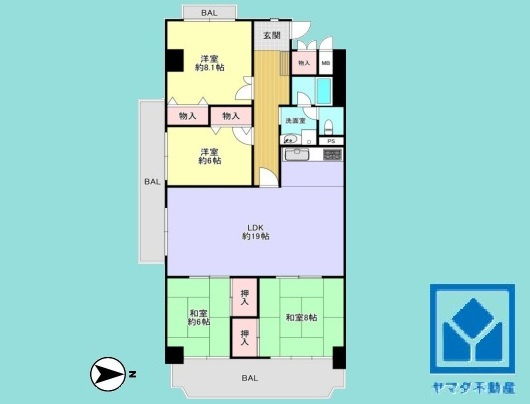 ユニハイム西宮Ⅱの間取り|4LDK、専有面積100.99平米、バルコニー面積18.95平米。