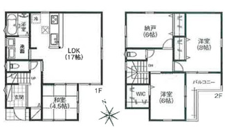 【間取り】 | 西区南観音8丁目　全6区画　NO6【外構工事込】 | 17帖リビング+続き和室4.5帖☆２階３室☆ファミリー３SLDK☆クローゼット☆ウォークインクローゼット☆南向き2WAYバルコニー♪