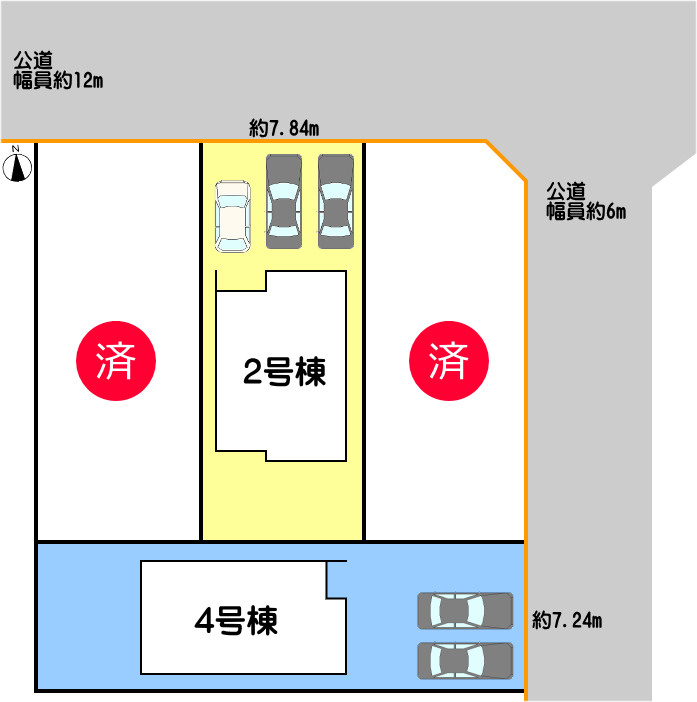 碧南市伊勢町の区画図|2号棟　並列駐車3台（車種による）