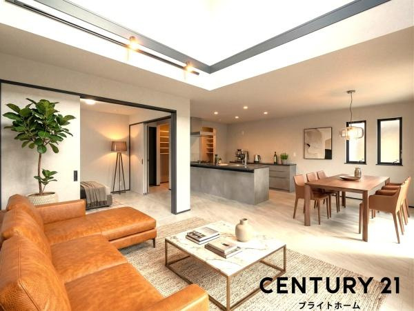 横浜市青葉区大場町の新築一戸建の居間・リビング|本画像はAIがCGで家具作成しており、実際の現地に家具は設置されておりません。また、販売価格に家具等は含まれておりません。