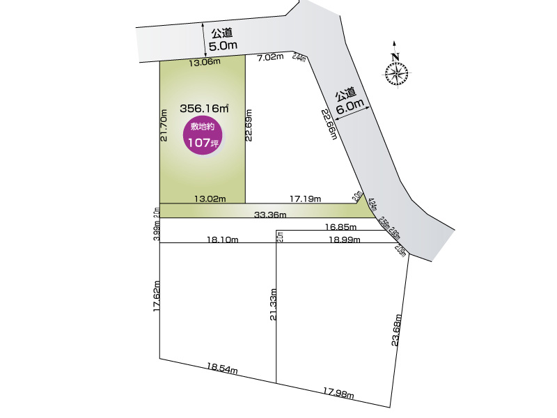 【邑楽郡明和町須賀1期4区画　1号地　区画図】
敷地面積356.16㎡(107.73坪)　協定部分66.96㎡含む
東側接道4.24ｍ　道路幅員約6ｍ