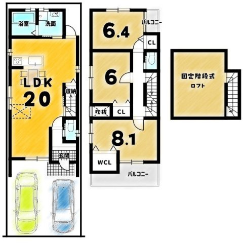 大将軍一条町　建築条件無土地の土地図＋建物プラン例|【建物価格１９９０万円　建物面積９１.９８㎡】
建築確認申請費用120万円・外構費用110万円・水道負担金22万円/(全て税込）別途要