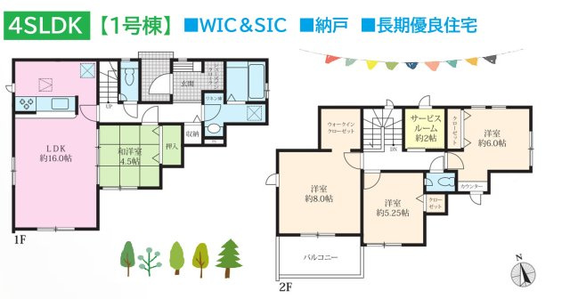 【間取り】 | 全室南向きで室内には明るい日差しが差し込み、陽当たり良好☆　
玄関にはSICを備えており、アウトドア用品等もスッキリ♪
