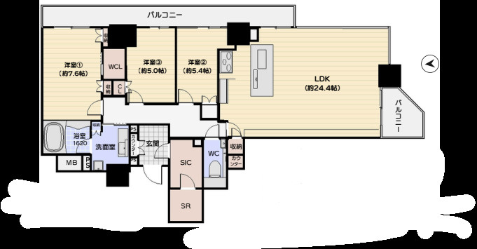 100㎡×築浅タワー 南東角部屋 天王寺の間取り
