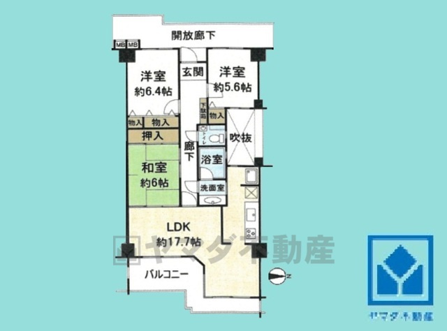 サーパス西宮塩瀬弐番館の間取り|3LDK、専有面積84.59平米、バルコニー面積12.06平米、6階建て4階部分。