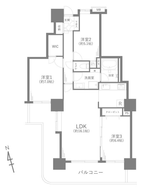 フォーラスタワー所沢の間取り|家族でゆったり過ごせるLDK16.1帖、WIC付主寝室7帖、日当たり・眺望良好な30階部分のお部屋になります。