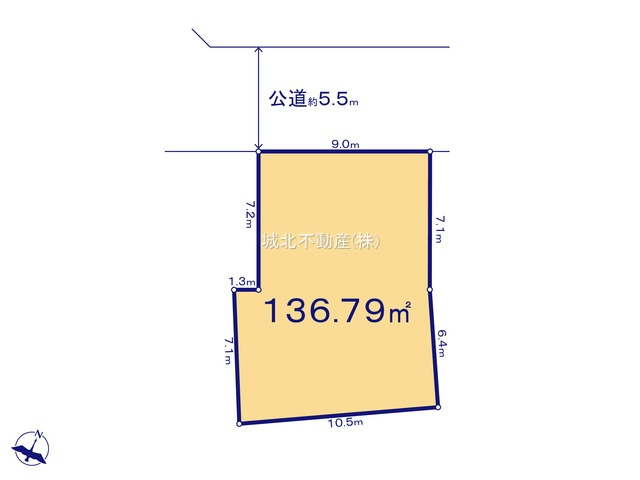 練馬区大泉町3丁目 限定1区画の区画図|土地面積136.79㎡ 前面道路約5.5ｍ公道に面する立地です