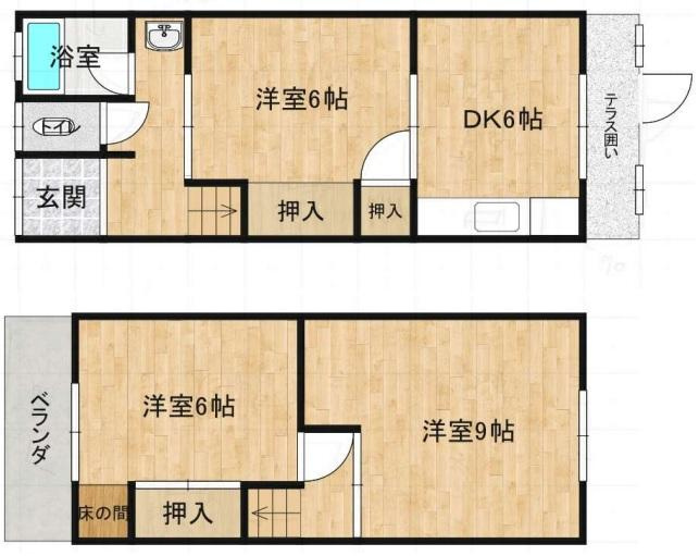 横小路町5丁目中古テラスハウスの間取り|全居室洋室6帖以上と使いやすい間取りです♪