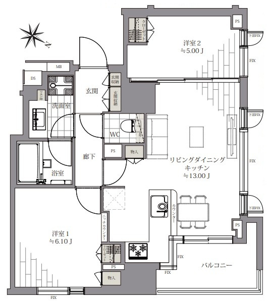 シティハウス勝どきステーションコートの間取り|シティハウス勝どきステーションコート：北東向き角部屋！全居室収納・窓が付いた２ＬＤＫエアコン付きリフォーム物件です！