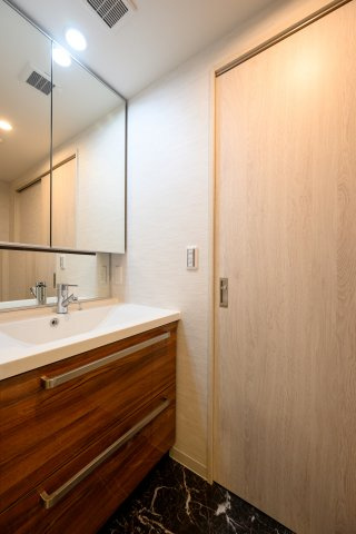 ピアッツァレント八木NORTHの洗面所|収納豊富な化粧洗面台・室内洗濯機置き場※