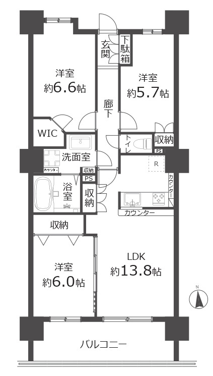 クレアシティ所沢の間取り|LDK13.8帖、WIC付主寝室6.6帖、日当たり・眺望良好な最上階のお部屋です。