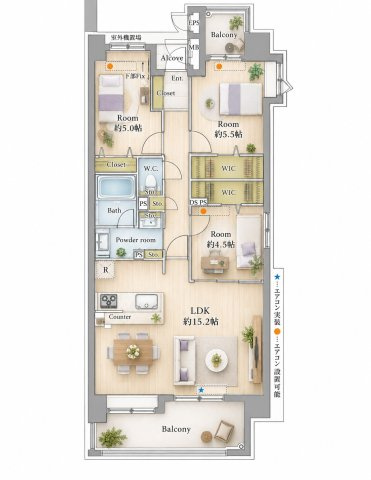 【間取り】 | コスモ六本松シティフォルム☆仲介手数料無料☆ | ※本図に表示されている家具・家電・照明・インテリア・観葉植物等は、AIによる配置イメージです。実際には設置されておらず、売買対象にも含まれません。図面と現況が相違する場合は、現況を優先いたします。