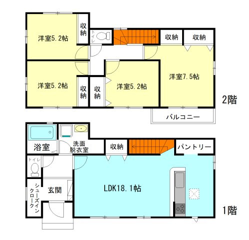 【間取り】 | アーバンスタイル前橋市北代田町1期ー① | 玄関には嬉しいシューズインクローク完備！
家族と自然に顔合わせできるリビングアクセス階段！