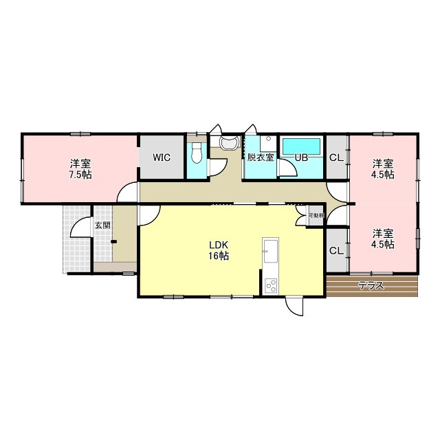 東坂元4丁目　新築戸建ての間取り|南面リビングが魅力の平屋の3LDKです。リビングを介する間取りです。