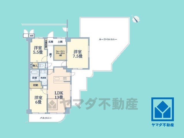 武庫川公園レックスマンションの間取り|3LDK、専有面積77.8平米、バルコニー面積7.06平米、11階建て7階部分。武庫川が一望できる51.37平米の大きなルーフバルコニー付き。