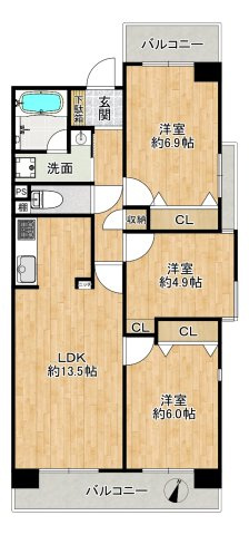 モンセーヌ塚本の間取り|◆専有面積：68.11㎡、角部屋、3LDK、広々LDKは約13.5帖！