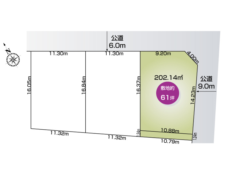 館林市富士見町4期3区画　3号地　区画図】
敷地面積202.14㎡(61.14坪)
北側接道約9.0ｍ幅　東側接道約9.0ｍ幅