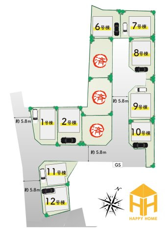 クレイドルガーデン摂津市鳥飼和道新築一戸建て｜全12区画＋駐車1台可の区画図|全12区画の分譲地です。