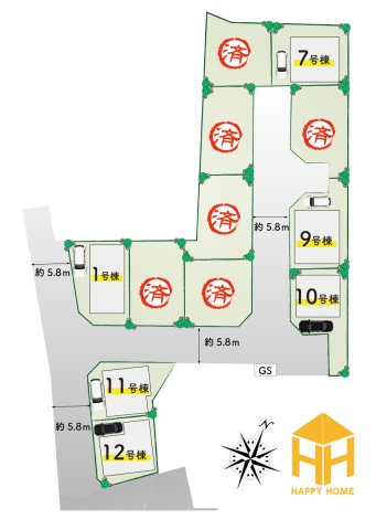 クレイドルガーデン摂津市鳥飼和道新築一戸建て｜全12区画＋駐車1台可の区画図|全12区画の分譲地です。