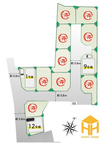 クレイドルガーデン摂津市鳥飼和道新築一戸建て｜全12区画＋駐車1台可の区画図|全12区画の分譲地です。