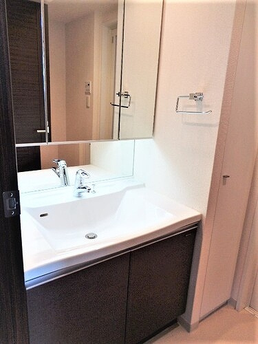 ライオンズタワー平和大通りシティマークスの洗面所|三面鏡付き洗面化粧台　※2023年4月撮影