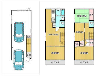 【間取り】 | 尼崎市東難波町４丁目中古戸建　リフォーム済 | ファミリー様におすすめの４LDKの間取りです♪車庫には２台駐車可能です！（サイズ制限有り）