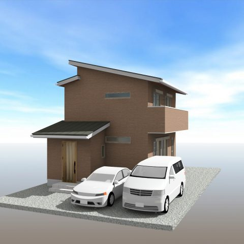 高知市朝倉本町(南)　新築一戸建ての外観パース|並列2台駐車可◎ゆとりのカースペースで、朝の出し入れもスムーズに♪