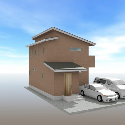高知市朝倉本町(南)　新築一戸建ての外観パース|落ち着きのあるブラウンの外壁。家族を優しく迎え入れる、モダンな玄関デザイン☆