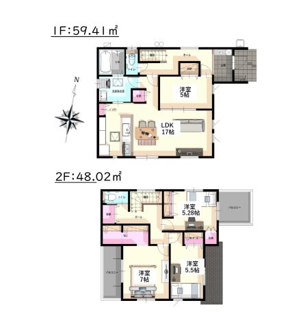 春日市須玖南5丁目第2-2棟（1号棟）の間取り|全居室収納付きで便利です。