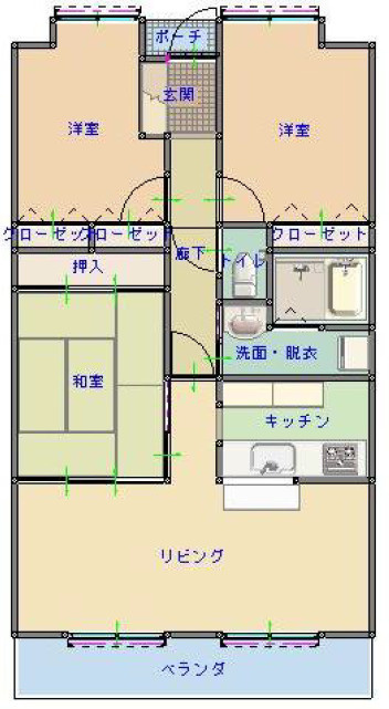【水廻りキレイ】高知市桟橋通りアルファステイツ桟橋通りⅠ　中古マンションの間取り|使いやすさを考えたゆとりの3LDKの間取り◎家族みんなが快適に過ごせます