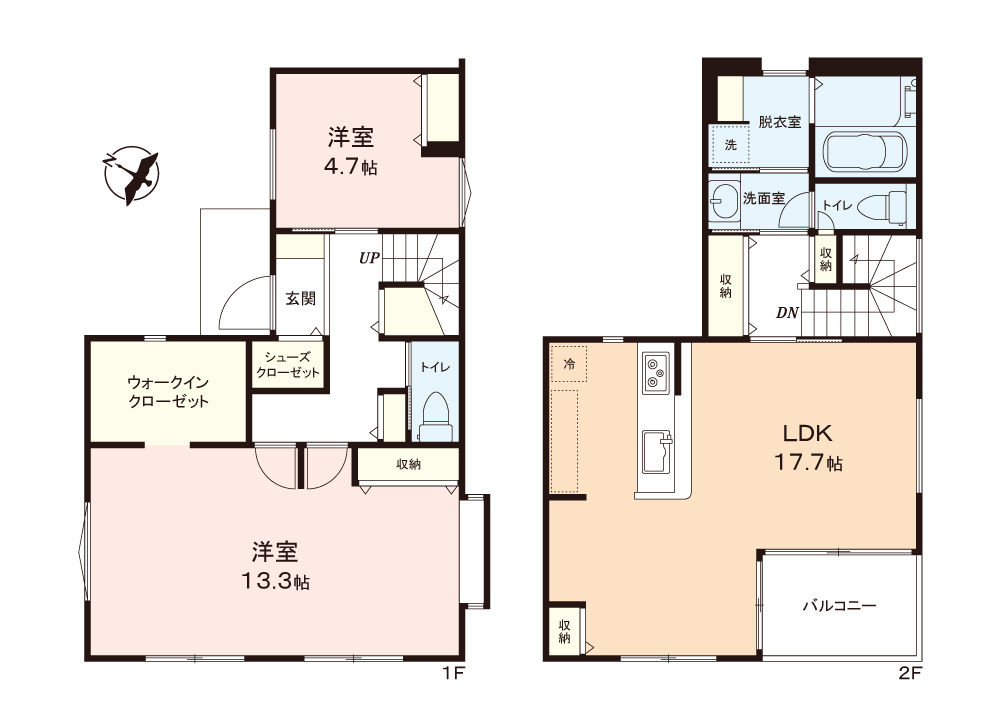 ふじみ野市上福岡４丁目の新築一戸建の間取り|17.7帖の2階リビングに隣接するプライベートバルコニーは、外からの視線を遮る壁付テラス。
周囲を気にせず開放的な空間に♪
ライフスタイルに合わせて2部屋にも変更可能なフレキシブルルームもあります。