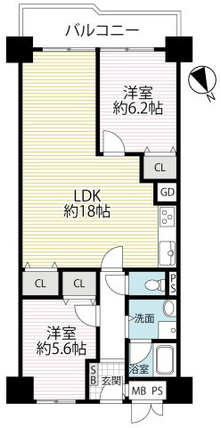 令和７年１２月リフォーム済み◆南西向き陽当たり良好２ＬＤＫ◆桂川ハイツ２号館の間取り