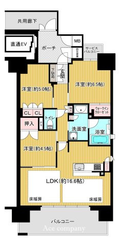 【間取り】 | クレアホームズ八尾　ザ・グランエア | 高層階、日当たりの良い南東角部屋です♪大変便利お部屋の専用ポーチへエレベーター直結！角部屋に付き、キッチン＆お風呂に換気窓有り☆キッチン⇔洗面室の家事ラク動線です♪床暖房２面♪