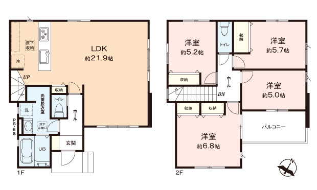 ふじみ野市亀久保の新築一戸建の間取り|21帖超の広々LDKはご家族もゆったりくつろげる空間です。
家族とのコミュニケーションもスムーズなリビングイン階段採用。