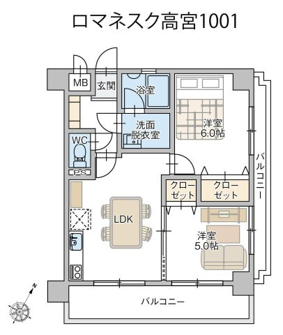 【間取り】 | ロマネスク高宮 | 洋室2部屋にはどちらもクローゼットがあり、収納スペースがたっぷりあるので部屋を広々と使えてストレスなく過ごせます♪