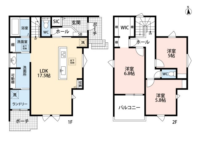 小牧市大字北外山　新築戸建　2号棟の間取り|ランドリールームあり。収納付きの広々パウダールーム。
シューズクロークあり。